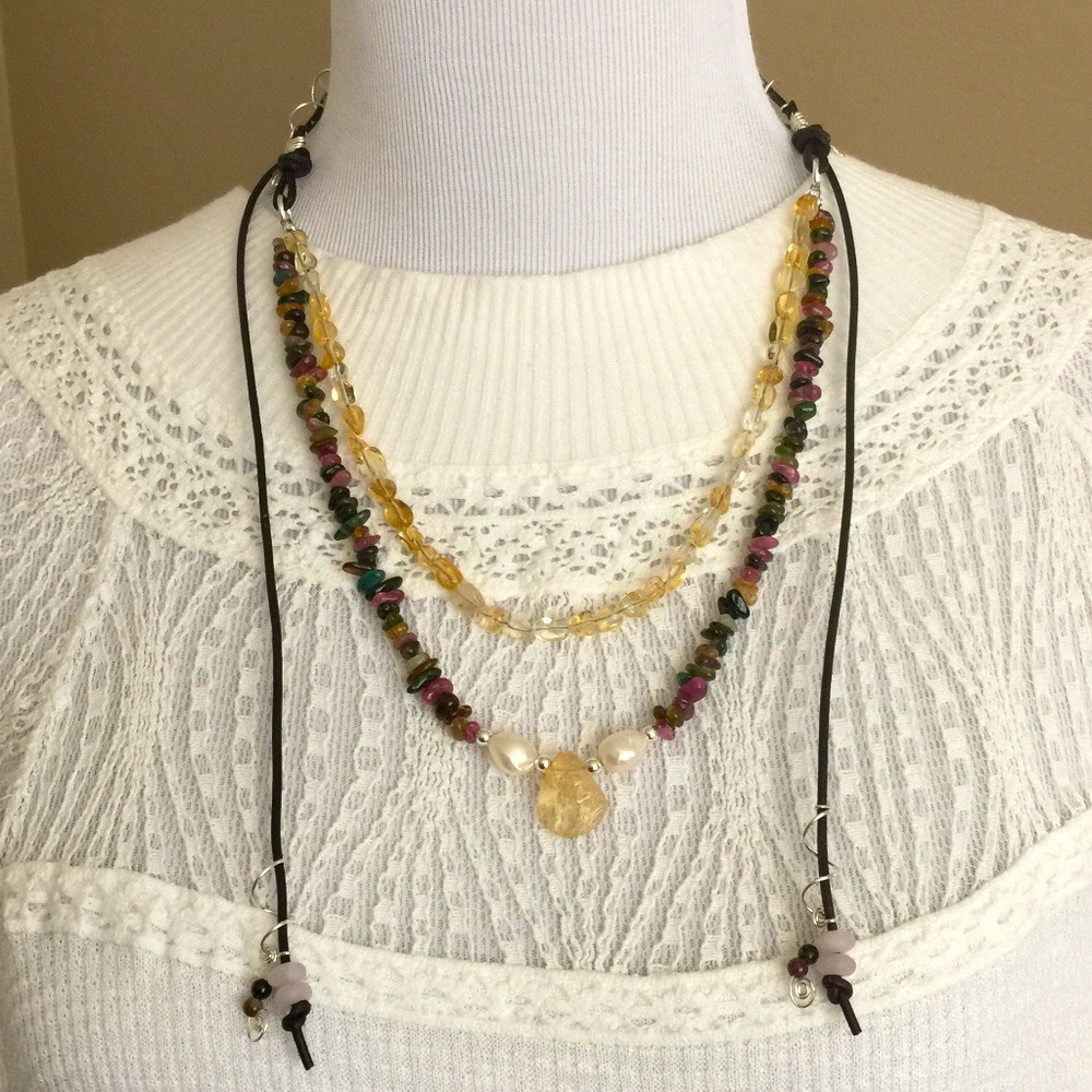 Citrine Tourmaline Pearl Silver Necklace - Picture 6 of 8